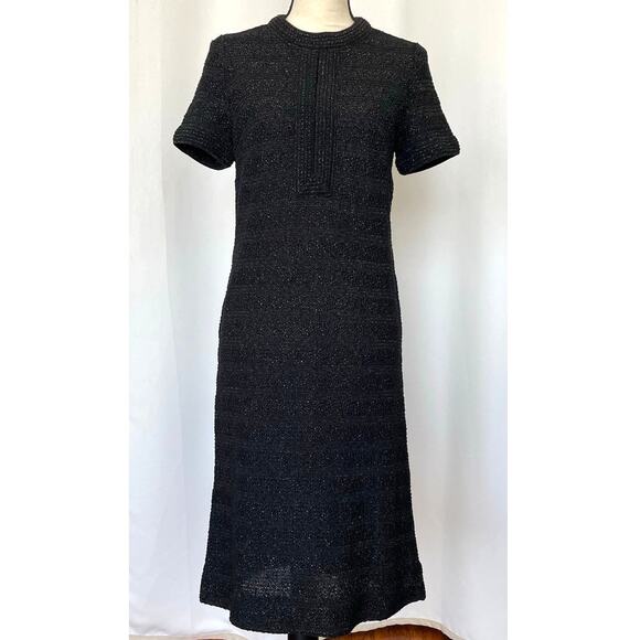 Vintage 70's Black Sparkly Stretch Knit Mod Midi Dress Size S / M Retro Shift - Picture 1 of 10